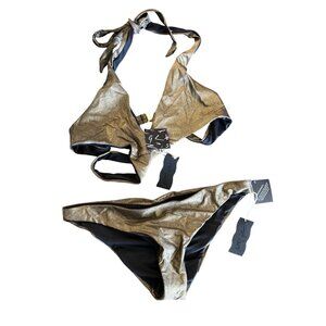Nasty Gal Gold Bronze Shimmery Reversible Bikini With Halter Neck Wraparound Top